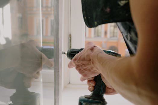 pexels-photo-5691515-5691515 Close-up of a handyman's hands using a drill to fix a window inside an apartment.